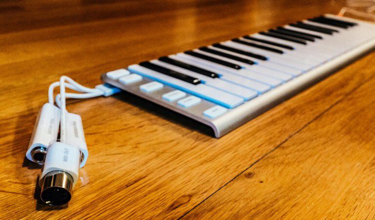 The Xkey37 comes with a breakout cable for MIDI and controller support.